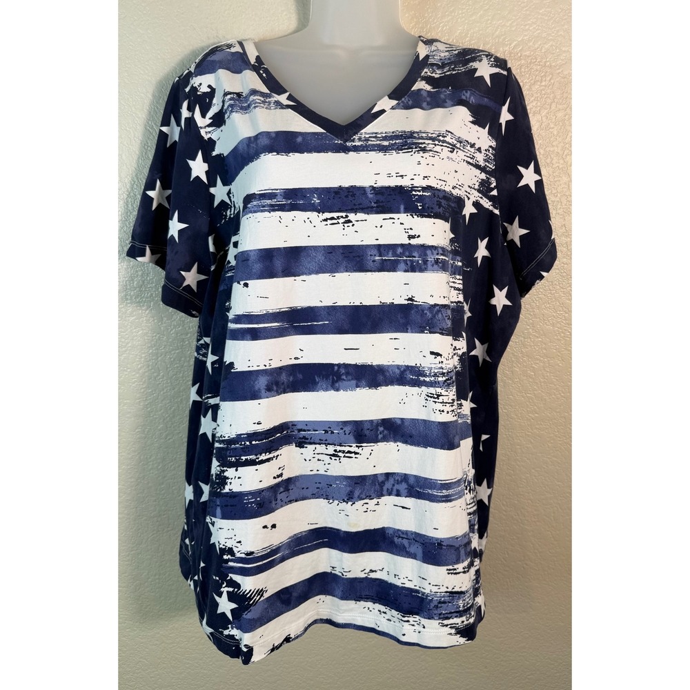 Denim & Co Womens 2X Short Sleeve Top Navy White Stars Stripes Americana V Neck